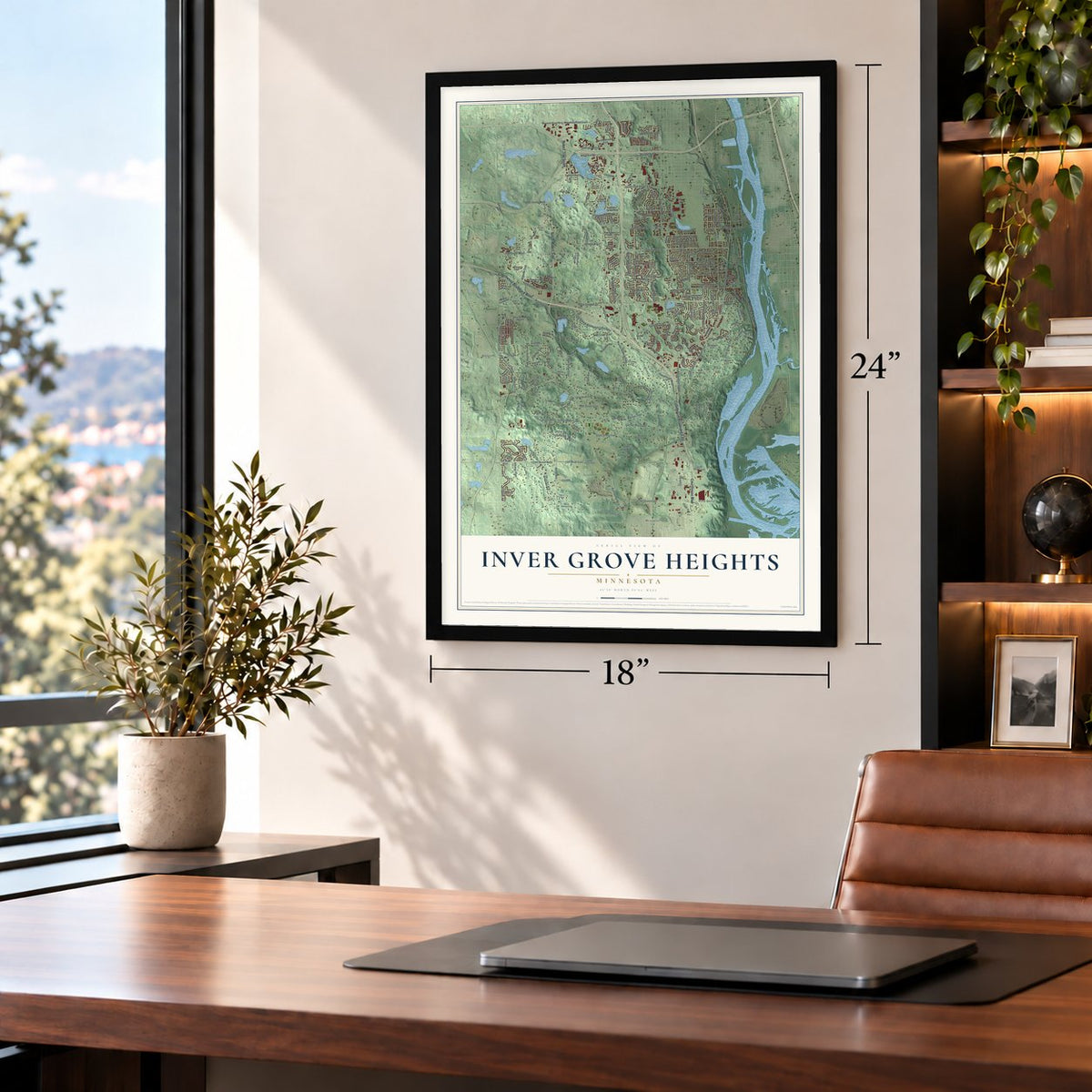 Inver Grove Heights, Minnesota map, 18 x 24 inch print in a black frame in a home office