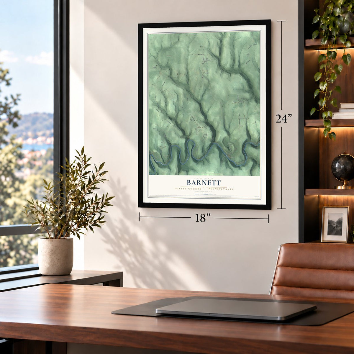Barnett, Forest County, Pennsylvania map, 18 x 24 inch print in a black frame in a home office