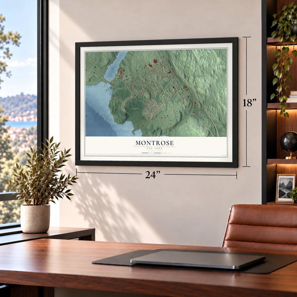 Montrose, New York map, 18 x 24 inch print in a black frame in a home office
