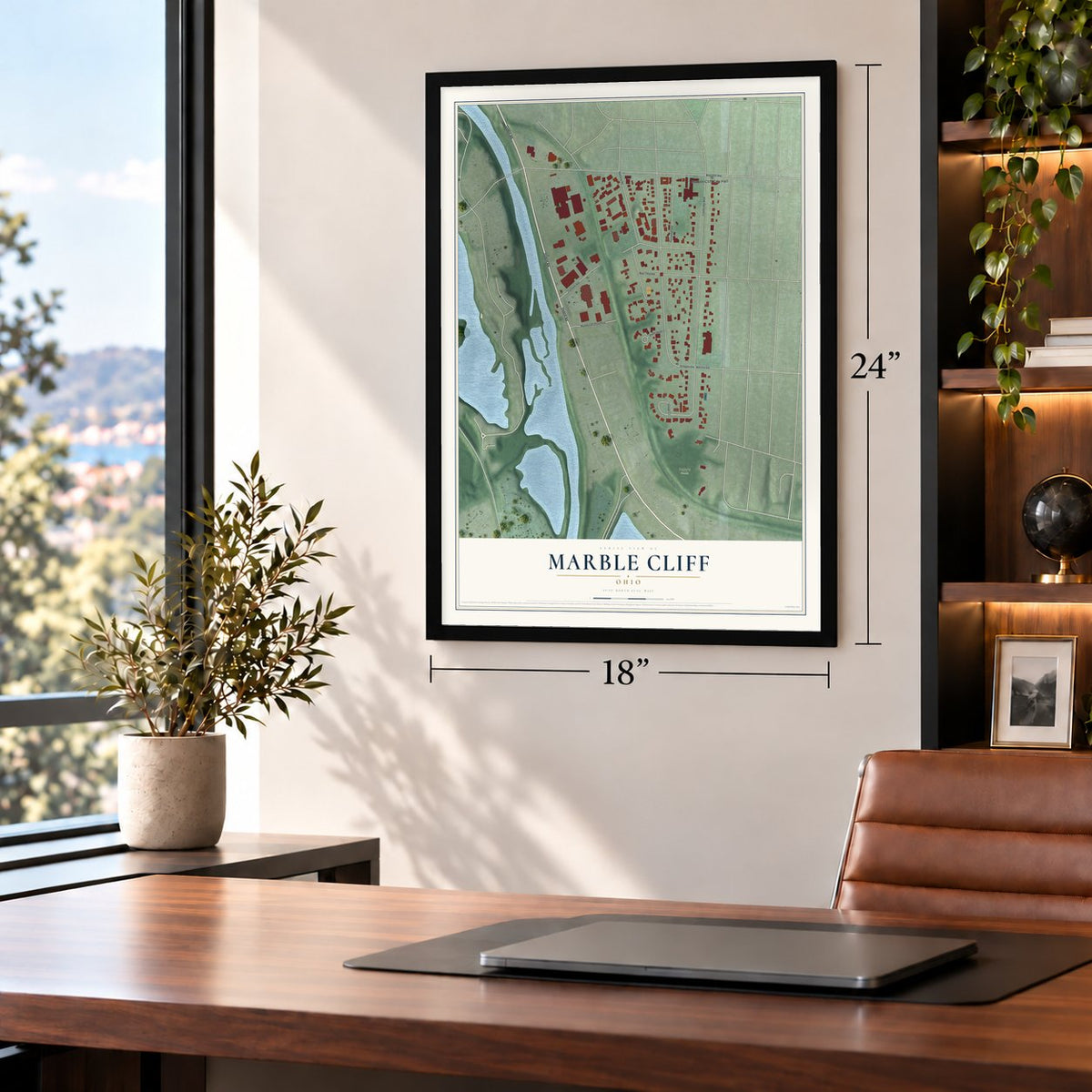Marble Cliff, Ohio map, 18 x 24 inch print in a black frame in a home office