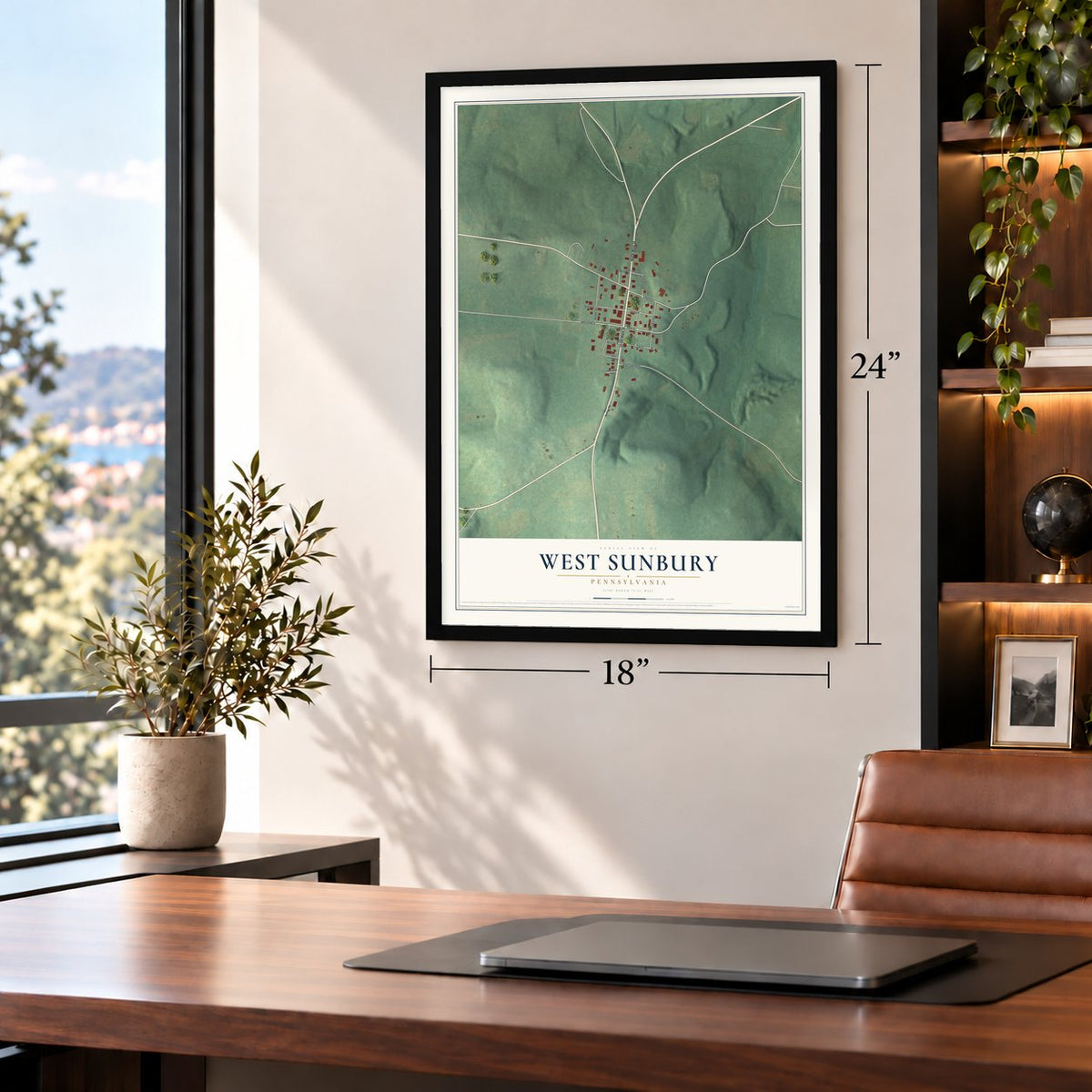 West Sunbury, Pennsylvania map, 18 x 24 inch print in a black frame in a home office