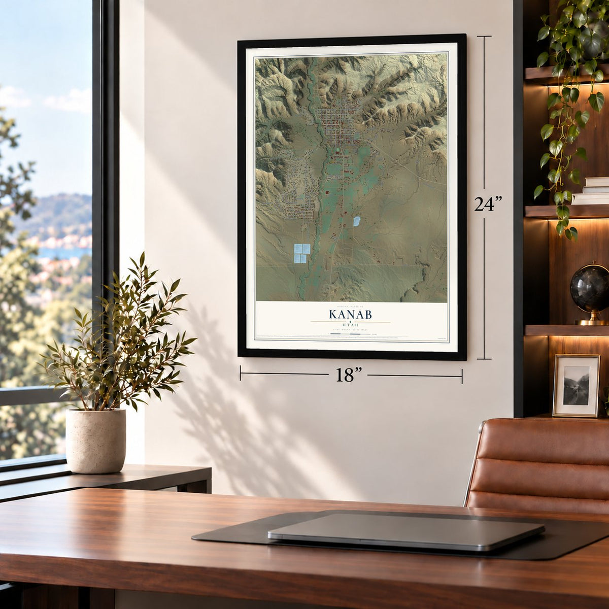Kanab, Utah map, 18 x 24 inch print in a black frame in a home office