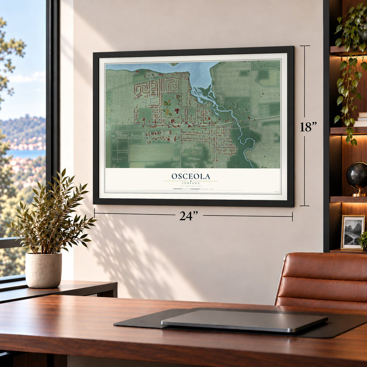 Osceola, Indiana map, 18 x 24 inch print in a black frame in a home office