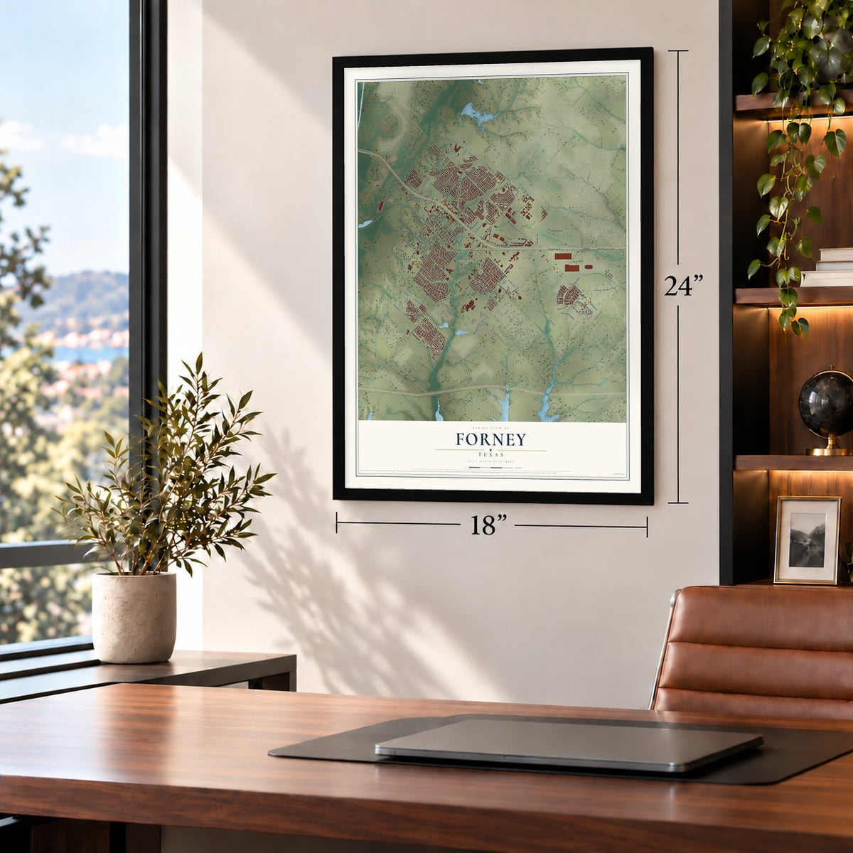 Forney, Texas map, 18 x 24 inch print in a black frame in a home office