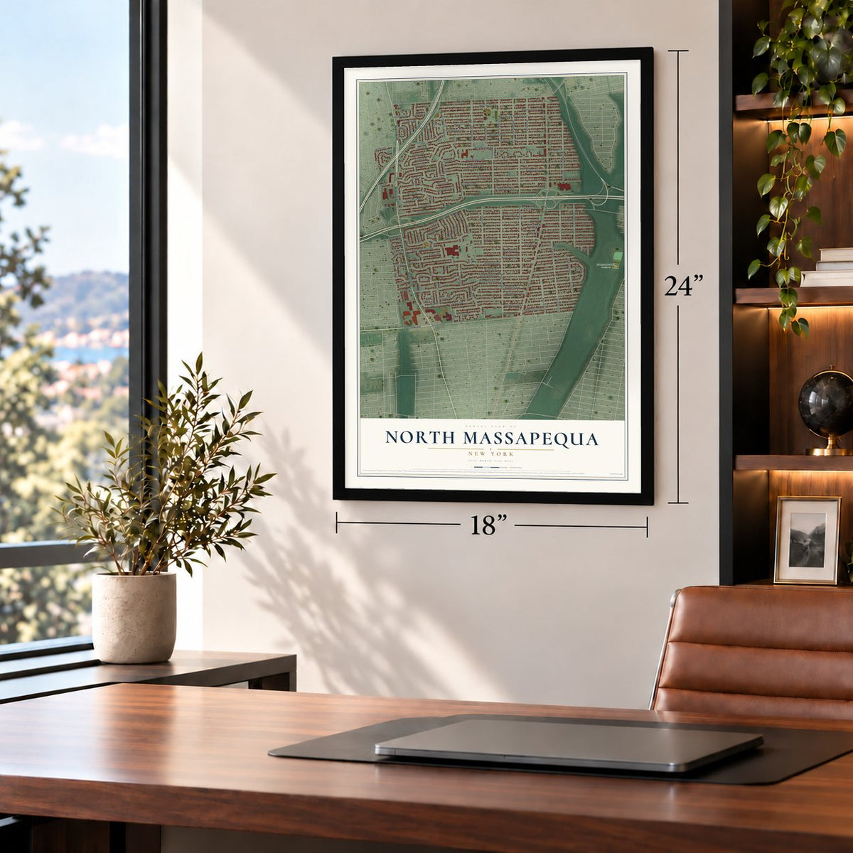 North Massapequa, New York map, 18 x 24 inch print in a black frame in a home office