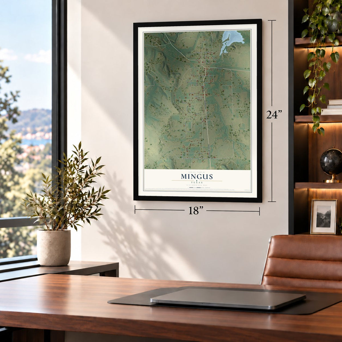 Mingus, Texas map, 18 x 24 inch print in a black frame in a home office