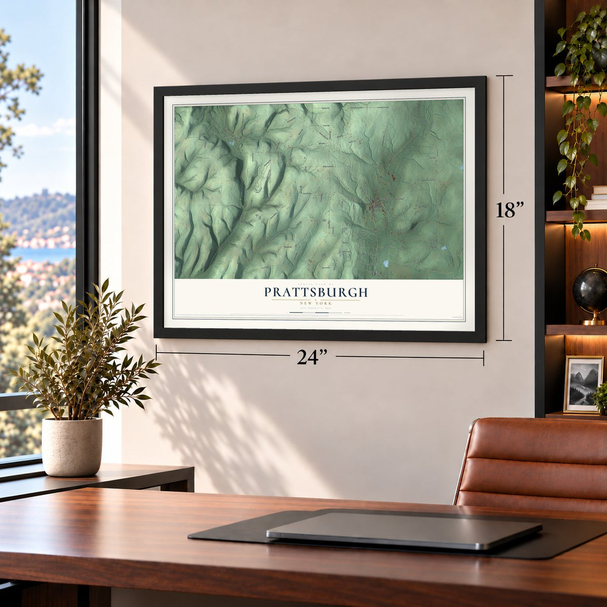 Prattsburgh, New York map, 18 x 24 inch print in a black frame in a home office