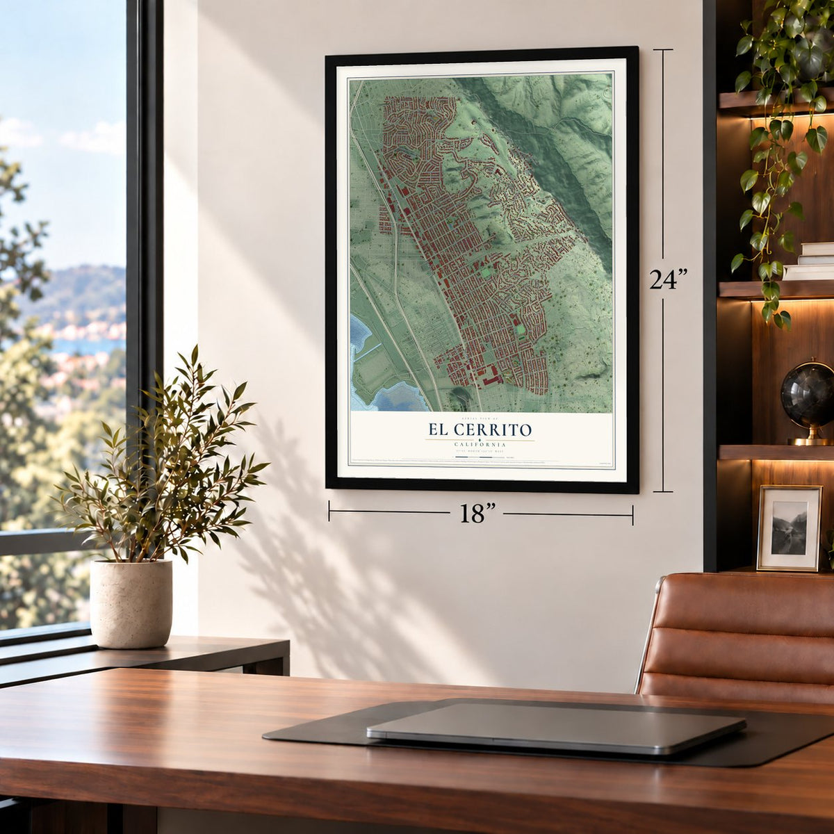 El Cerrito, California map, 18 x 24 inch print in a black frame in a home office