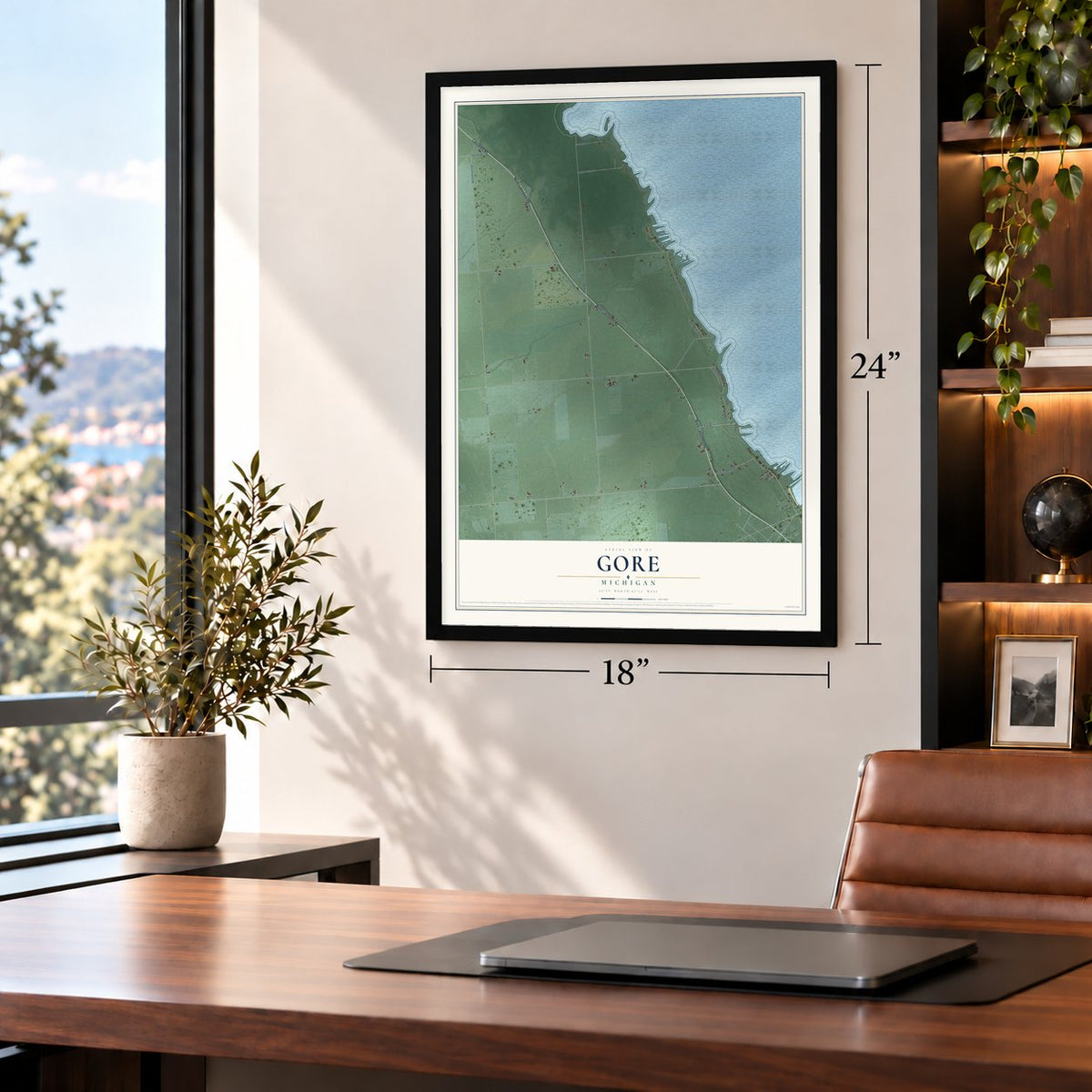 Gore, Michigan map, 18 x 24 inch print in a black frame in a home office