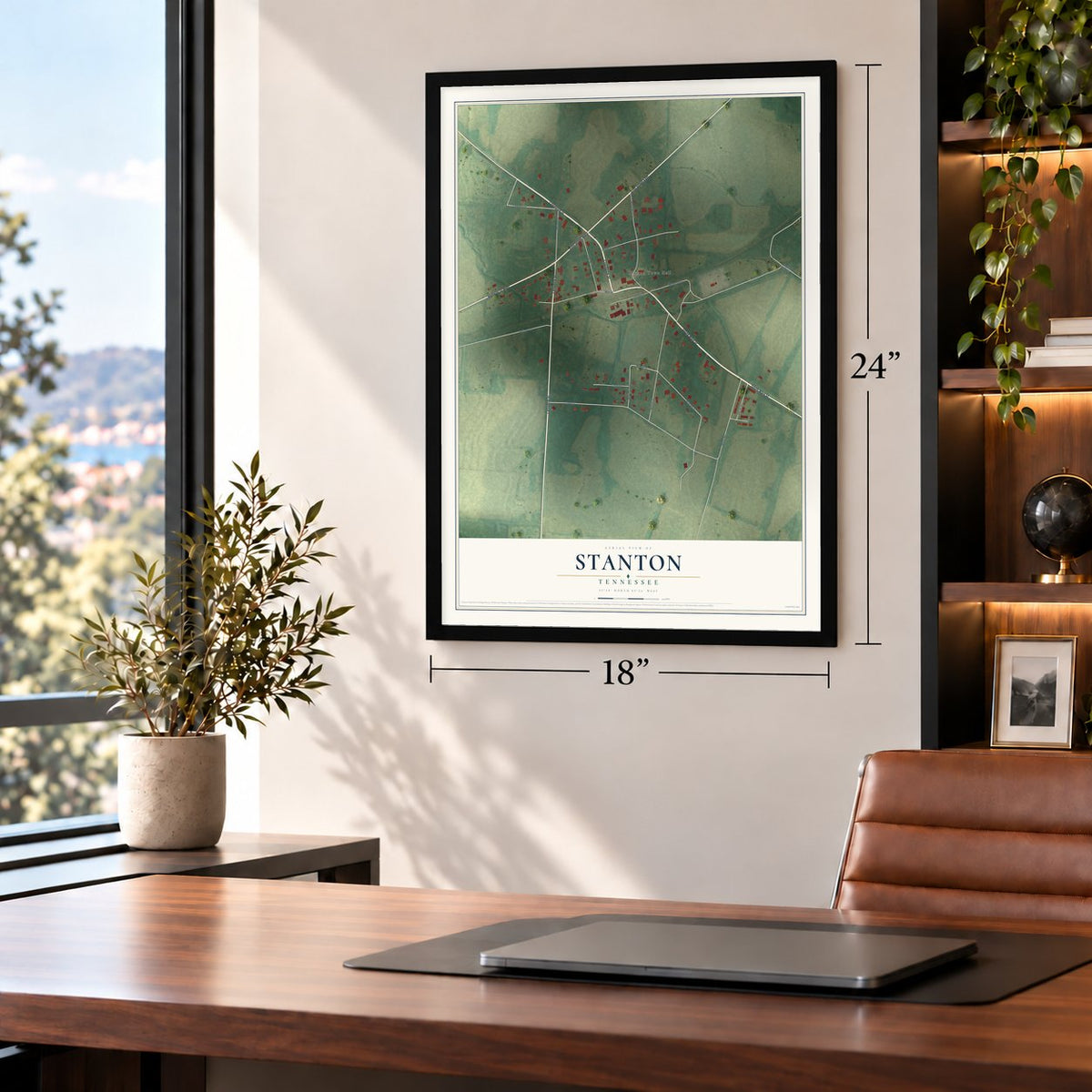 Stanton, Tennessee map, 18 x 24 inch print in a black frame in a home office