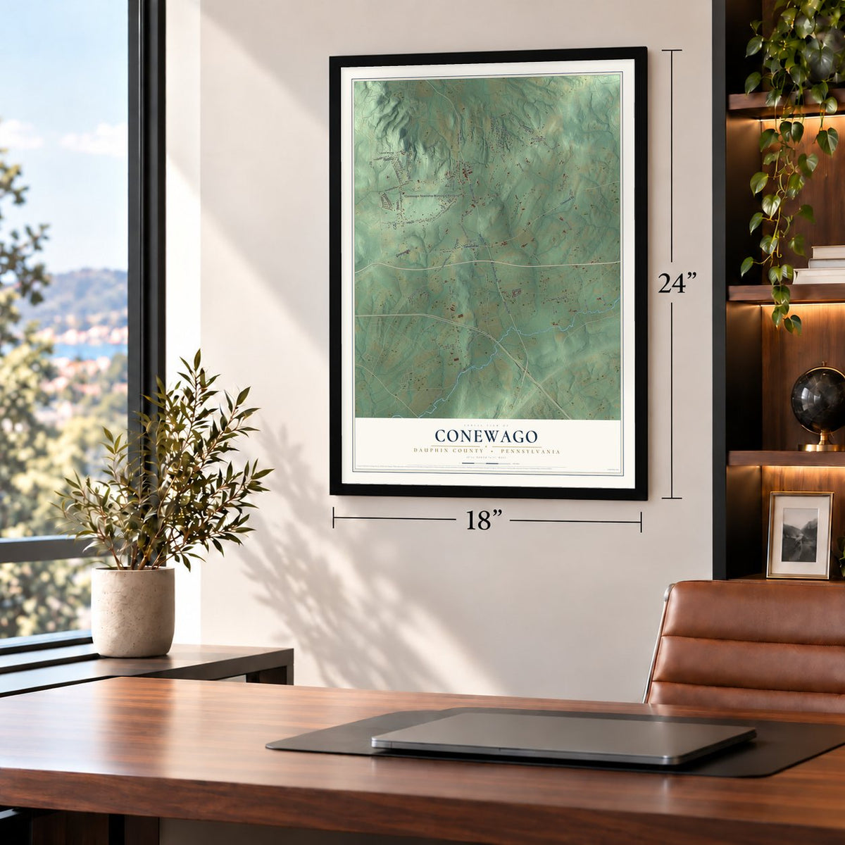 Conewago, Dauphin County, Pennsylvania map, 18 x 24 inch print in a black frame in a home office