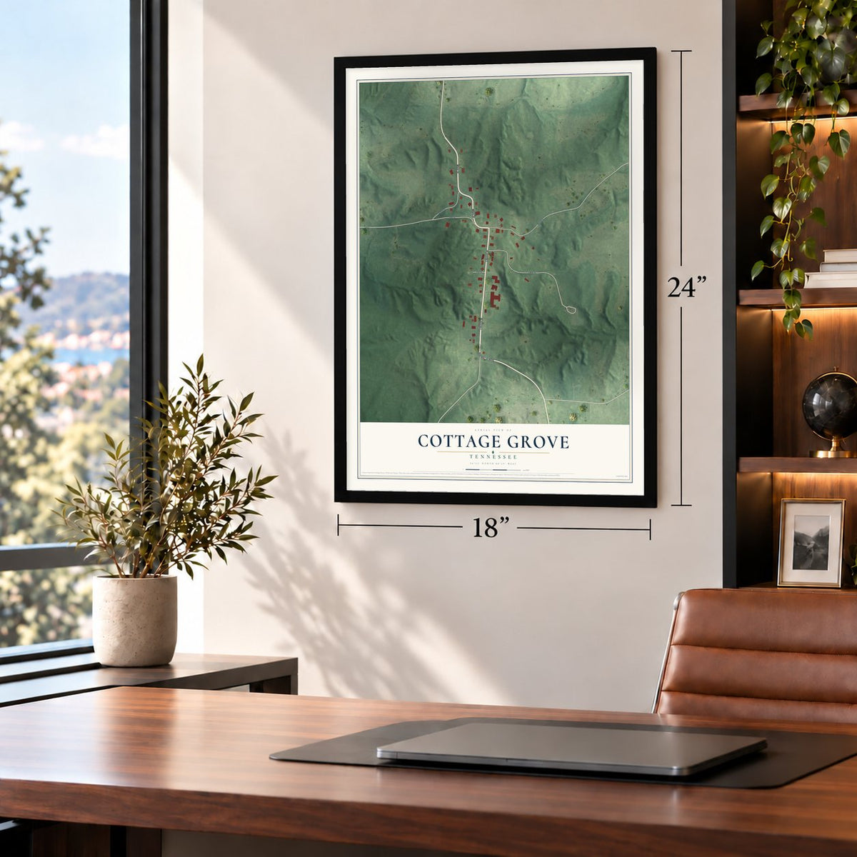Cottage Grove, Tennessee map, 18 x 24 inch print in a black frame in a home office