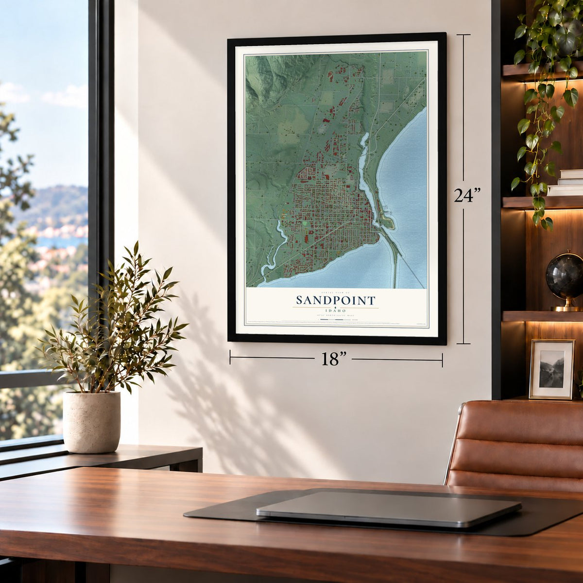 Sandpoint, Idaho map, 18 x 24 inch print in a black frame in a home office