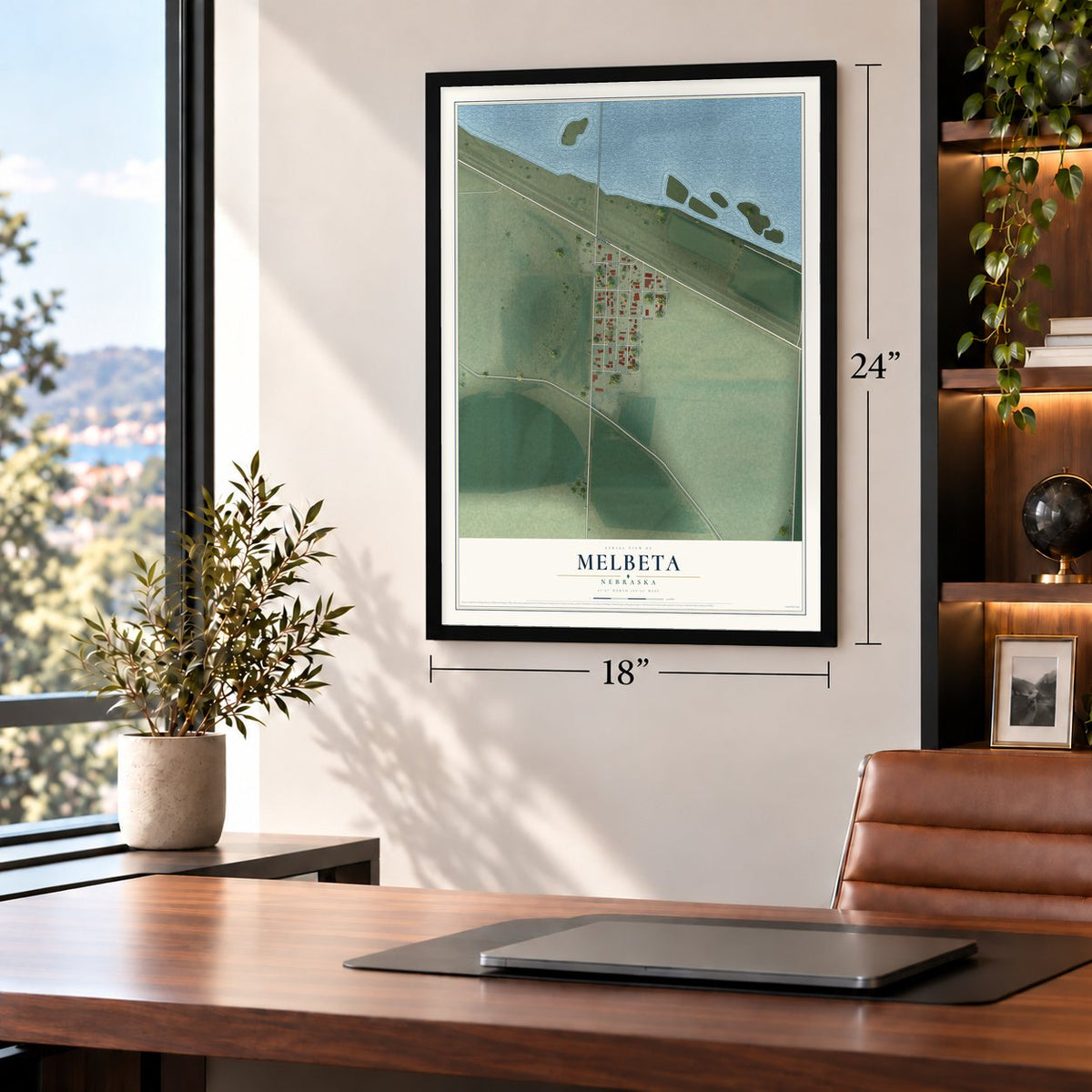 Melbeta, Nebraska map, 18 x 24 inch print in a black frame in a home office