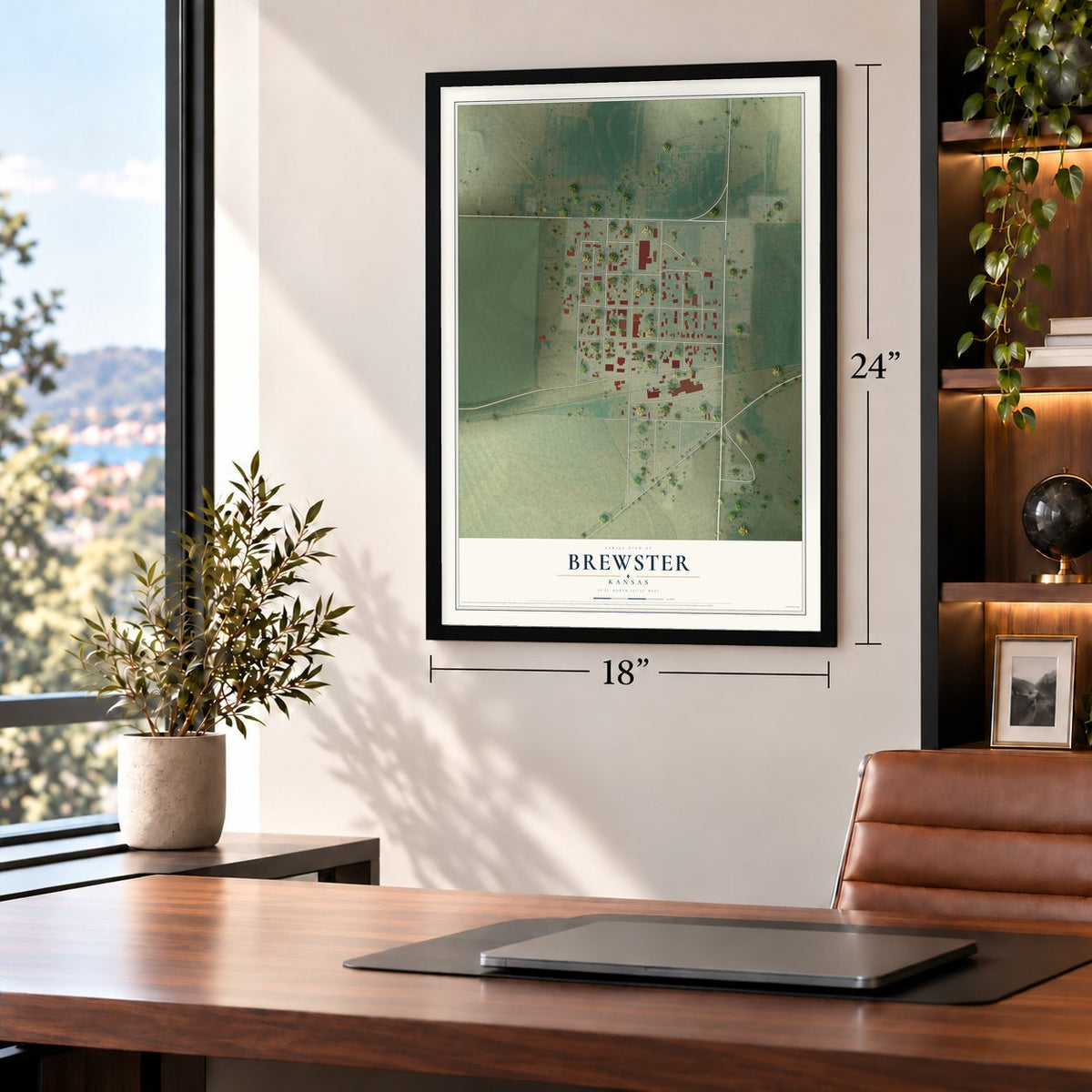 Brewster, Kansas map, 18 x 24 inch print in a black frame in a home office