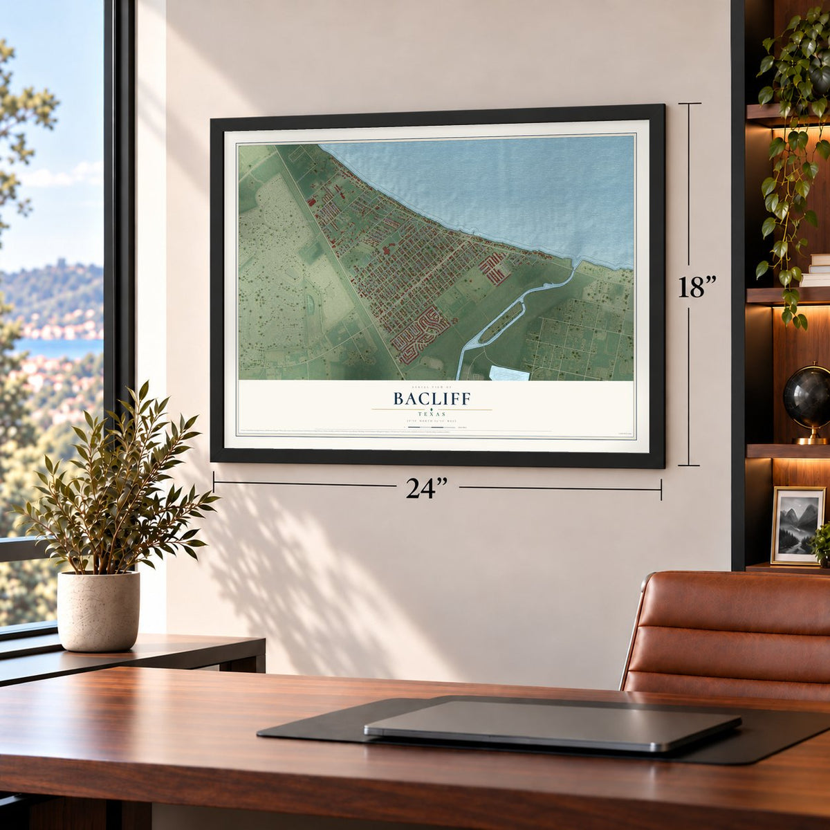 Bacliff, Texas map, 18 x 24 inch print in a black frame in a home office