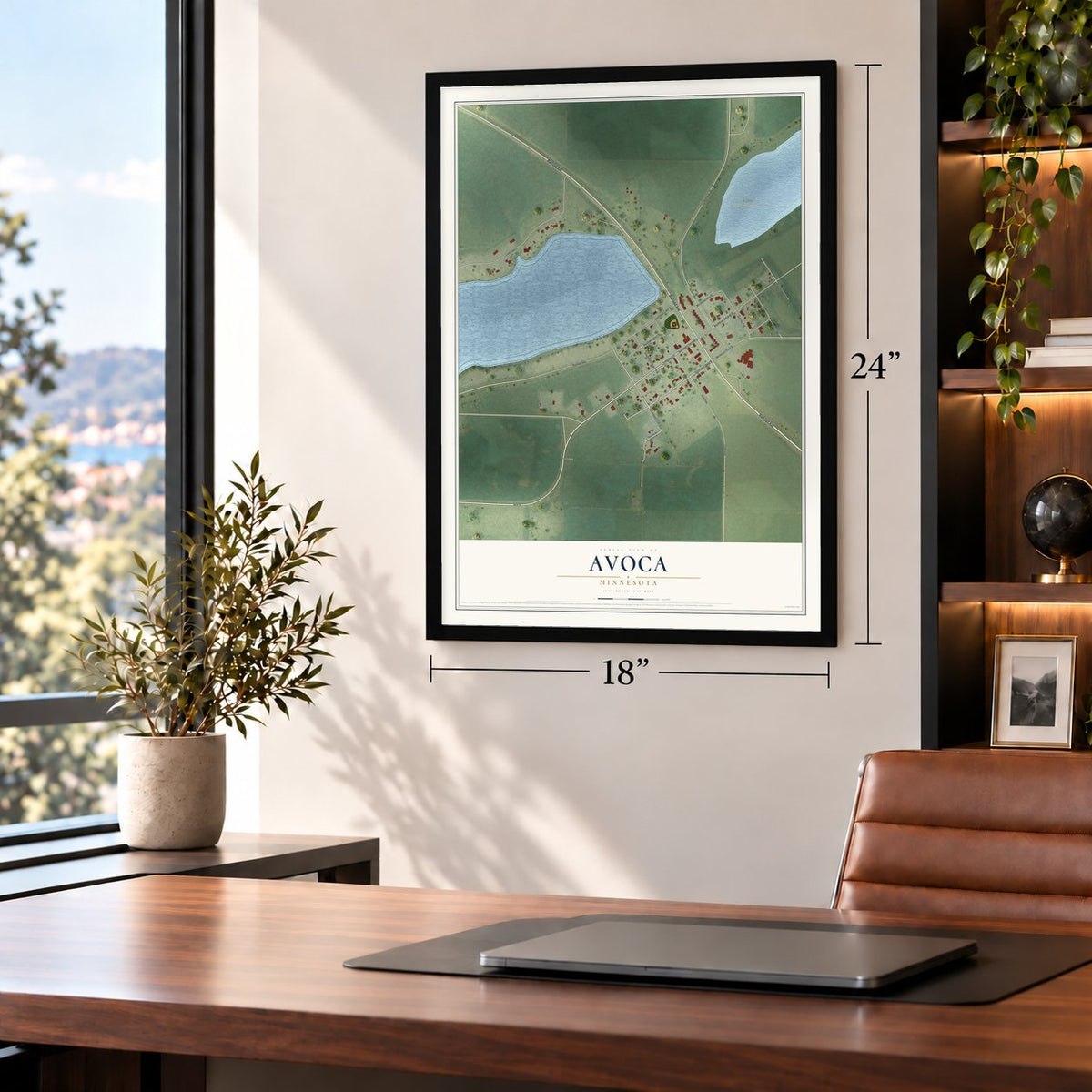 Avoca, Minnesota map, 18 x 24 inch print in a black frame in a home office