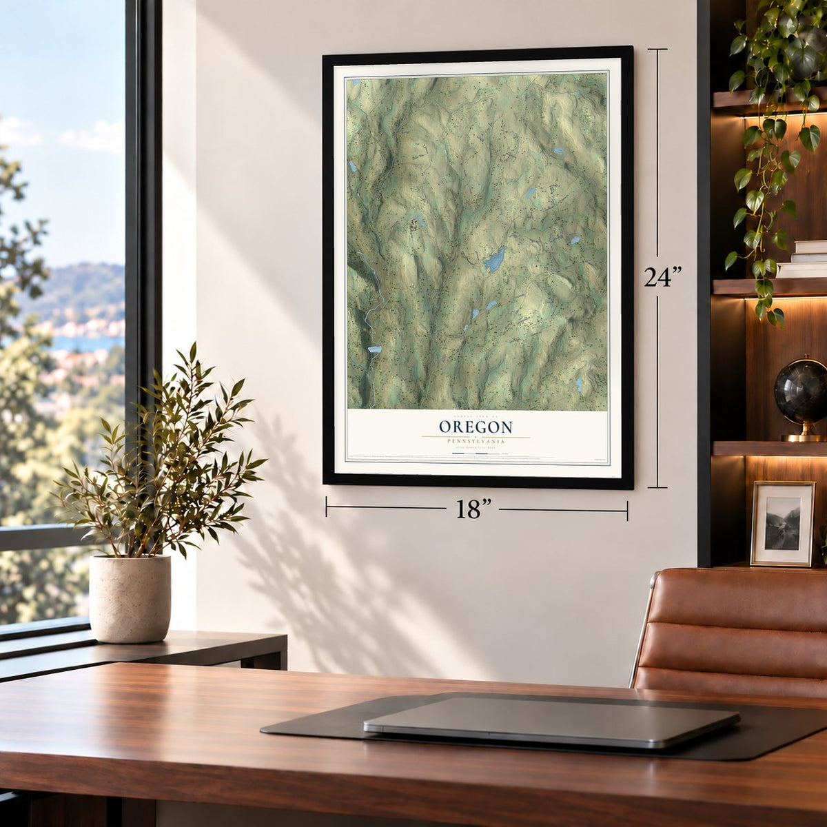 Oregon, Pennsylvania map, 18 x 24 inch print in a black frame in a home office