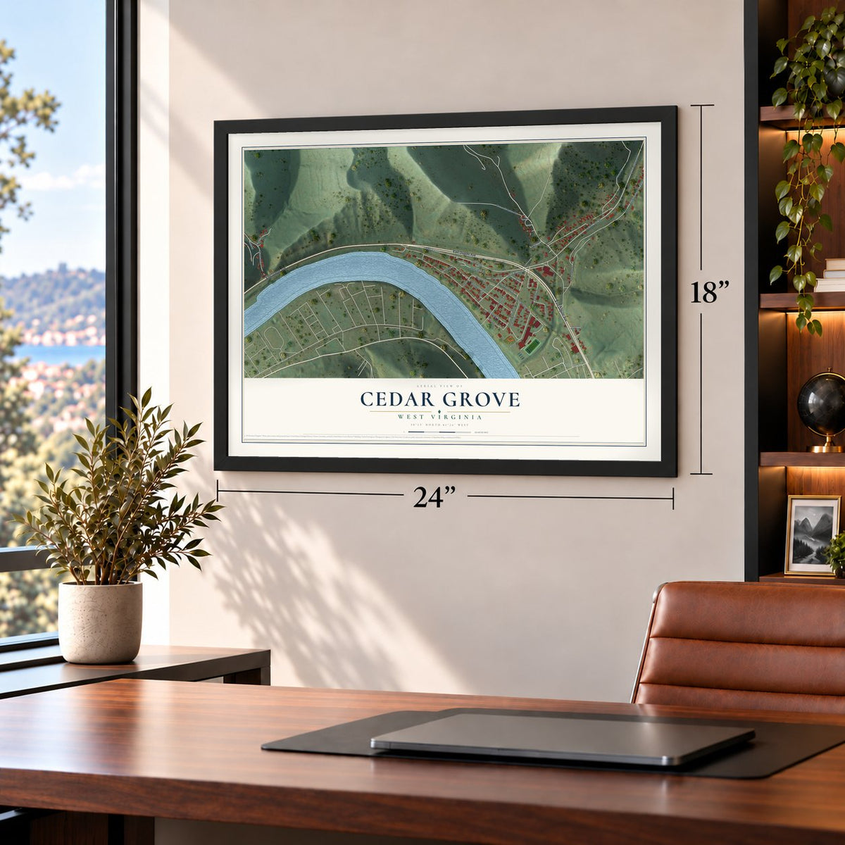 Cedar Grove, West Virginia map, 18 x 24 inch print in a black frame in a home office