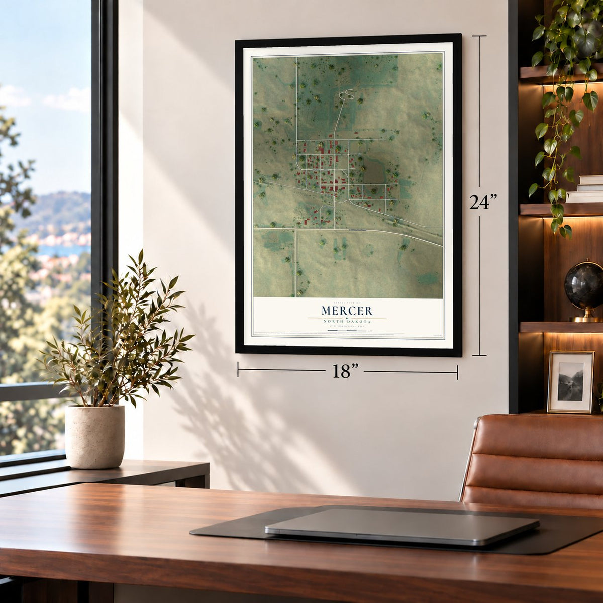 Mercer, North Dakota map, 18 x 24 inch print in a black frame in a home office