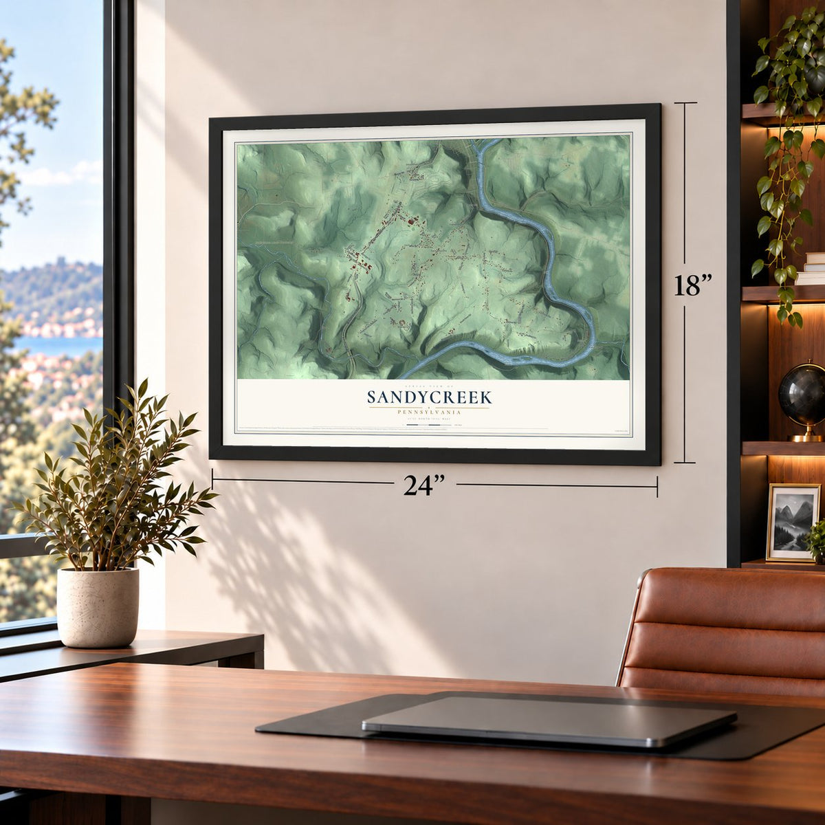 Sandycreek, Pennsylvania map, 18 x 24 inch print in a black frame in a home office