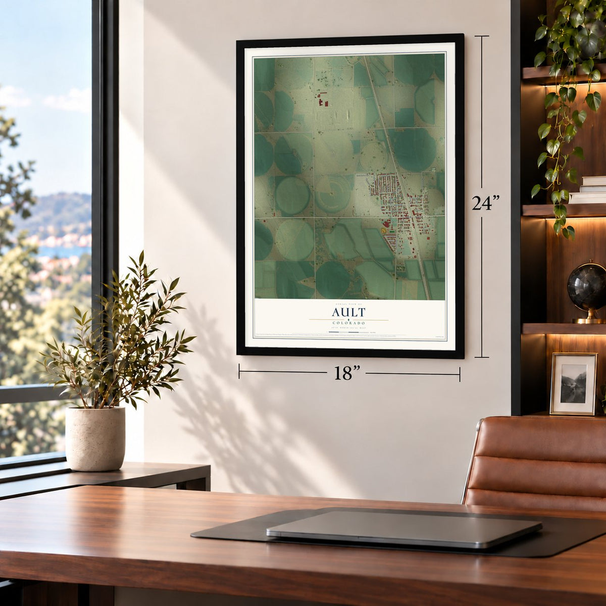 Ault, Colorado map, 18 x 24 inch print in a black frame in a home office