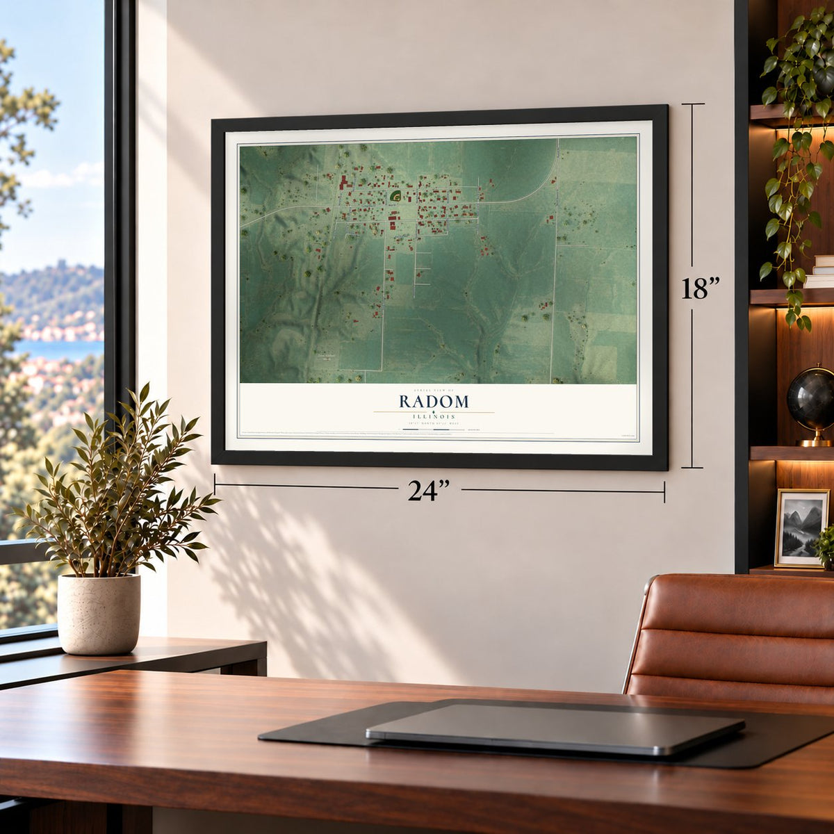 Radom, Illinois map, 18 x 24 inch print in a black frame in a home office