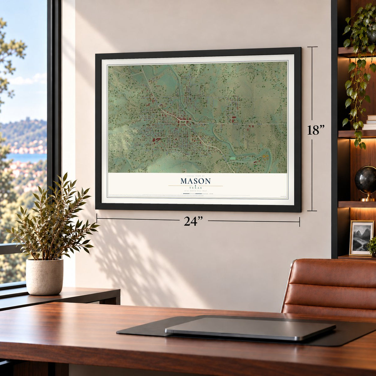 Mason, Texas map, 18 x 24 inch print in a black frame in a home office