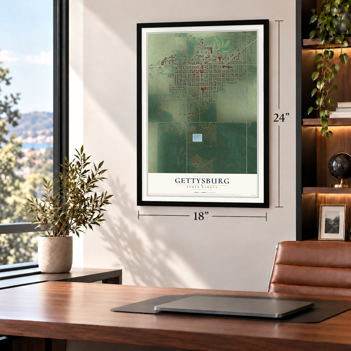 Gettysburg, South Dakota map, 18 x 24 inch print in a black frame in a home office