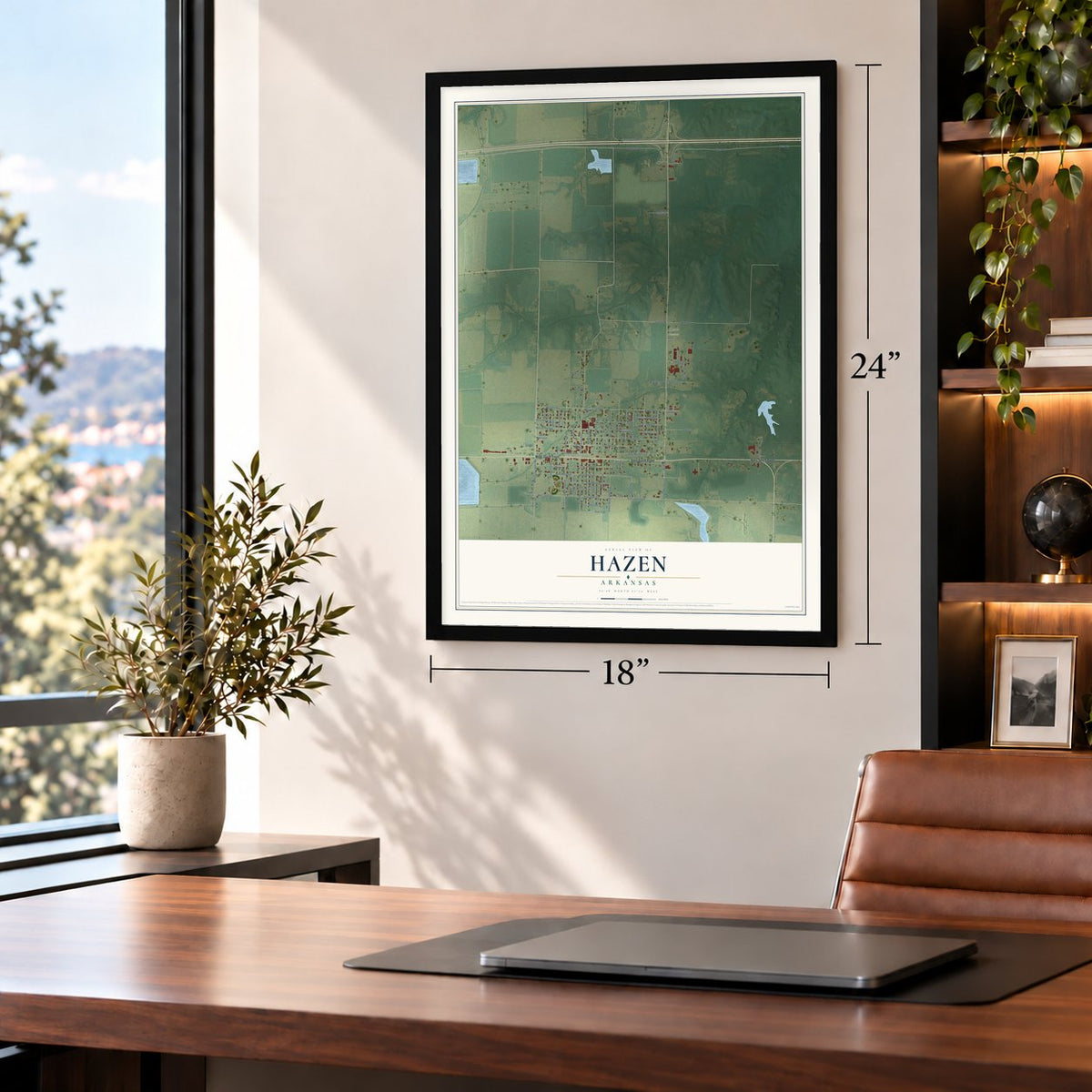 Hazen, Arkansas map, 18 x 24 inch print in a black frame in a home office