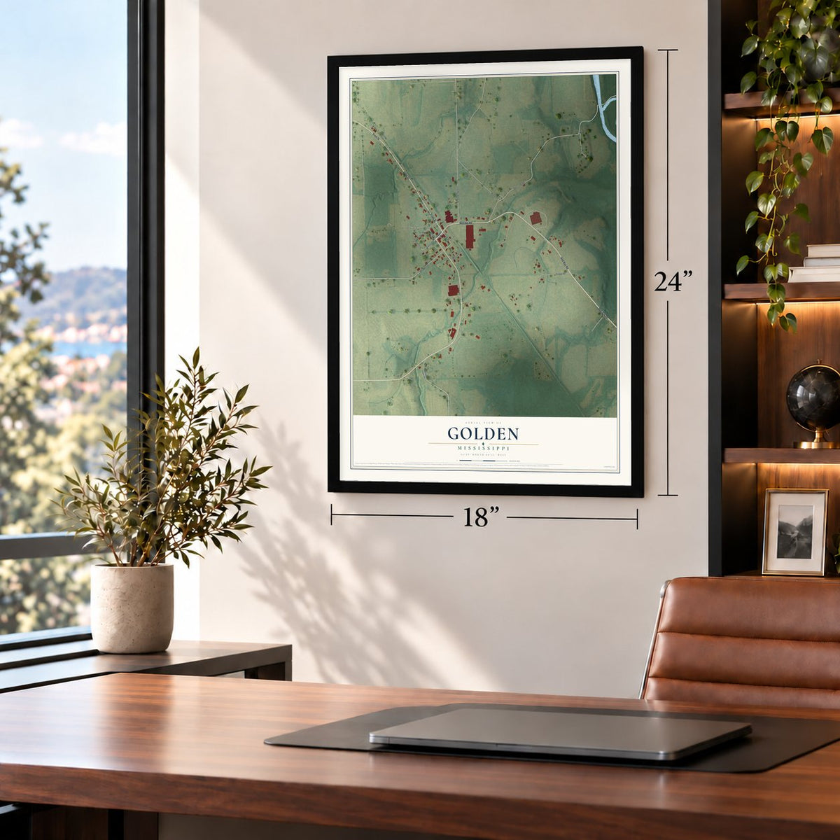 Golden, Mississippi map, 18 x 24 inch print in a black frame in a home office