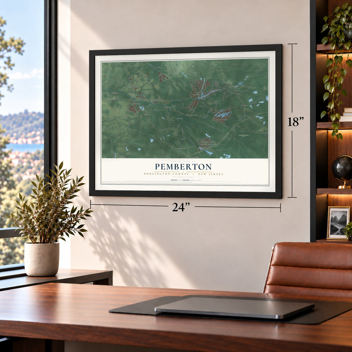 Pemberton, Burlington County, New Jersey map, 18 x 24 inch print in a black frame in a home office