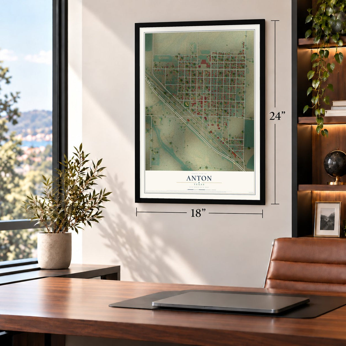 Anton, Texas map, 18 x 24 inch print in a black frame in a home office