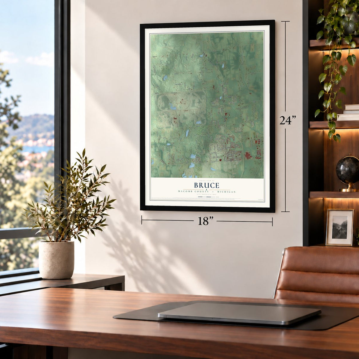 Bruce, Macomb County, Michigan map, 18 x 24 inch print in a black frame in a home office