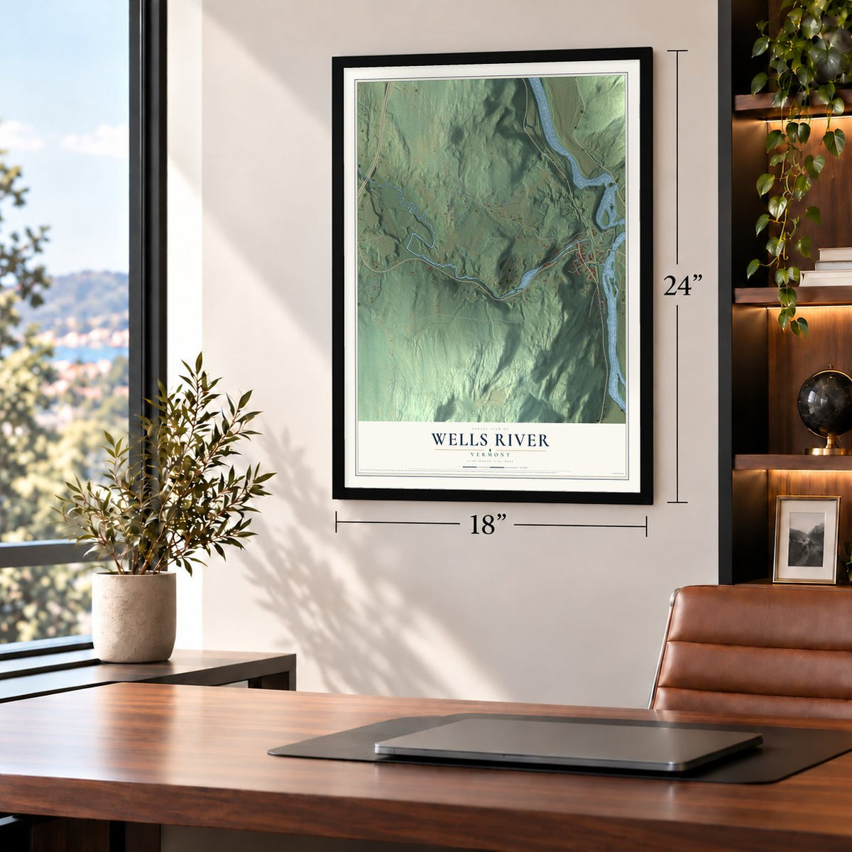 Wells River, Vermont map, 18 x 24 inch print in a black frame in a home office