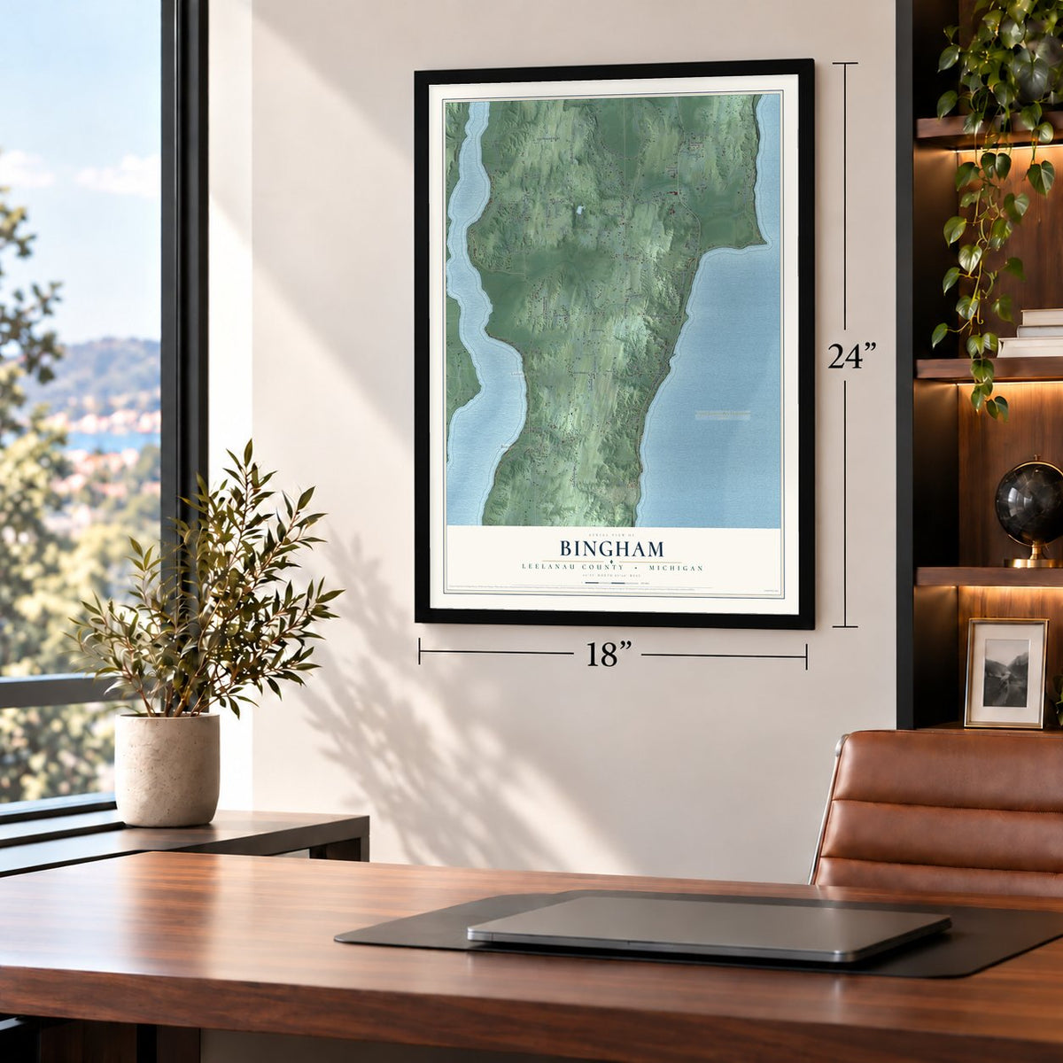 Bingham, Leelanau County, Michigan map, 18 x 24 inch print in a black frame in a home office