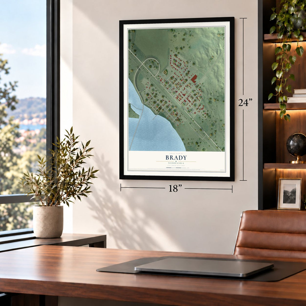 Brady, Nebraska map, 18 x 24 inch print in a black frame in a home office