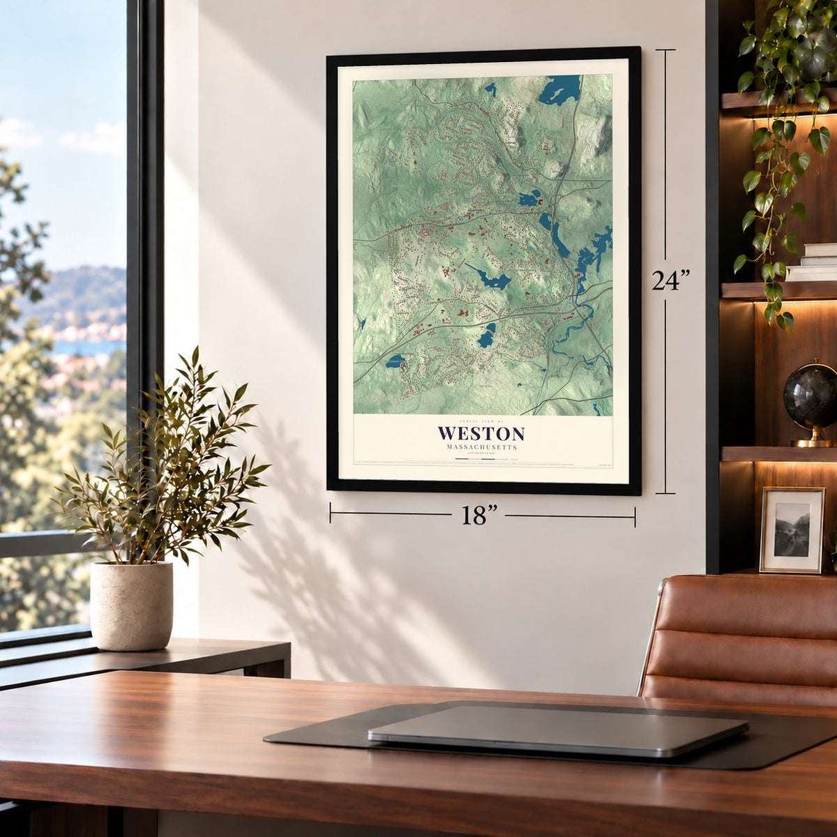 Weston, Massachusetts map, 18 x 24 inch print in a black frame in a home office