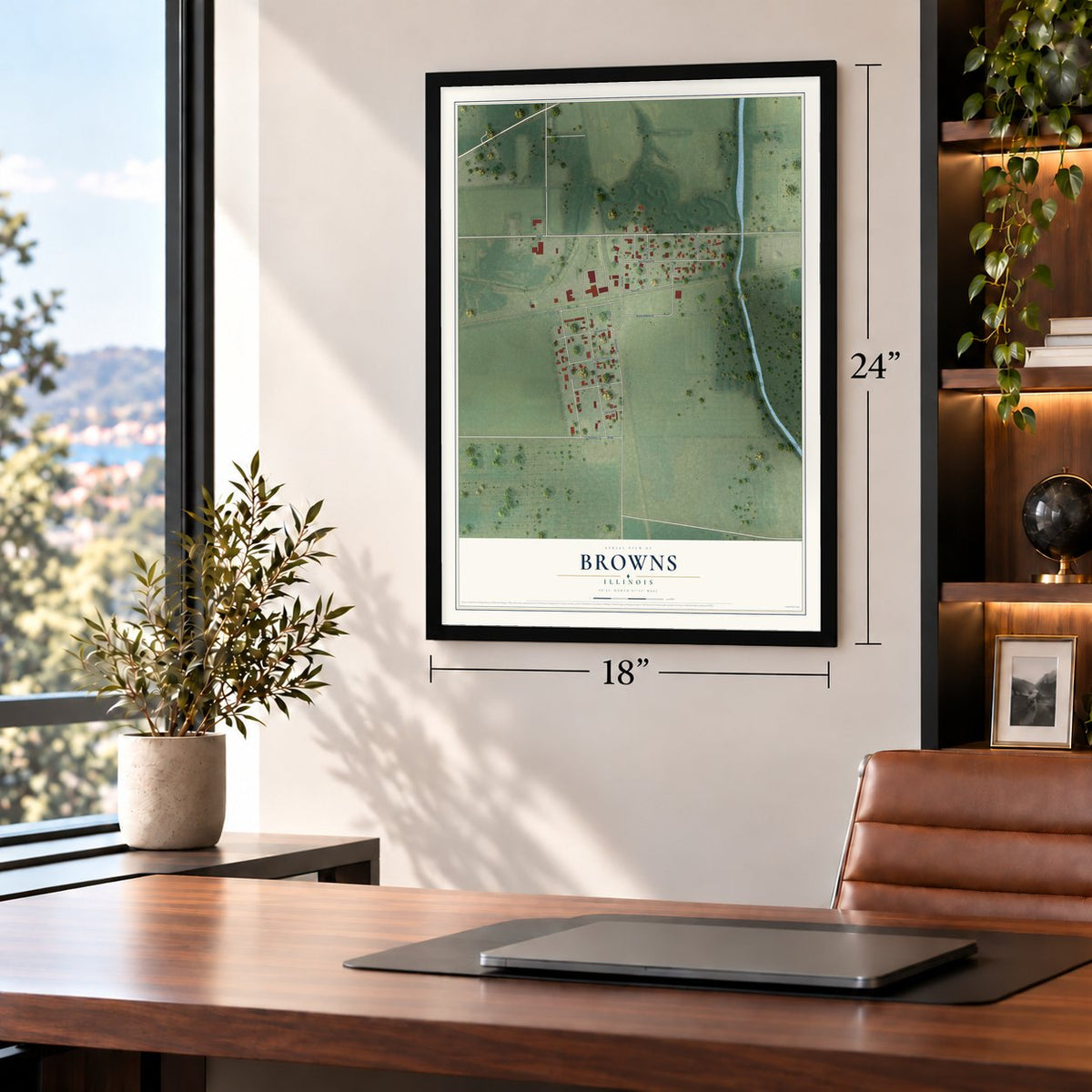 Browns, Illinois map, 18 x 24 inch print in a black frame in a home office