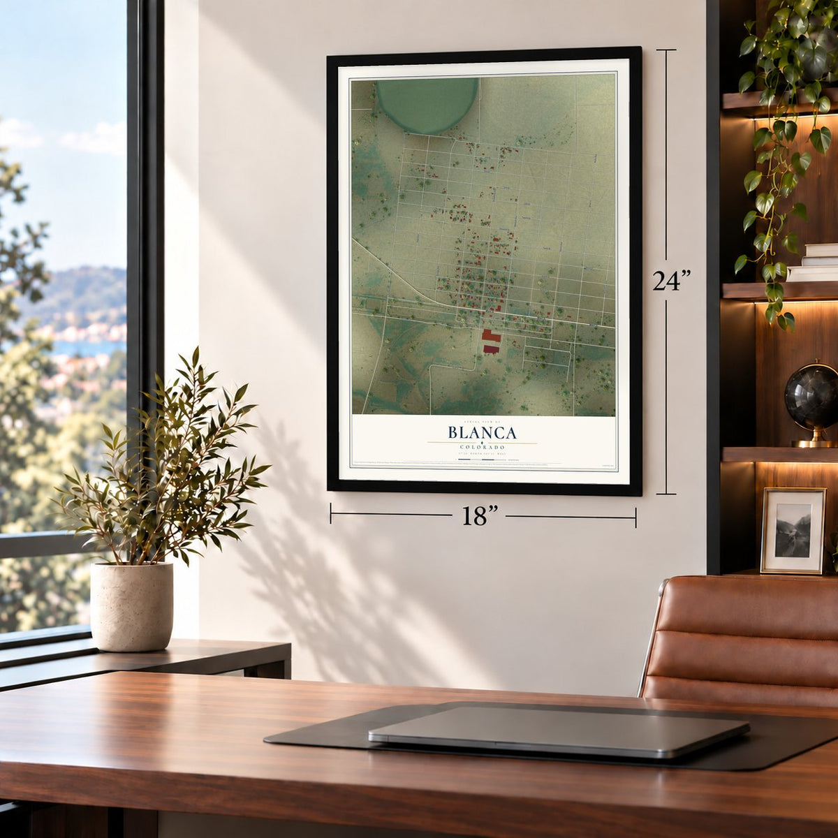 Blanca, Colorado map, 18 x 24 inch print in a black frame in a home office
