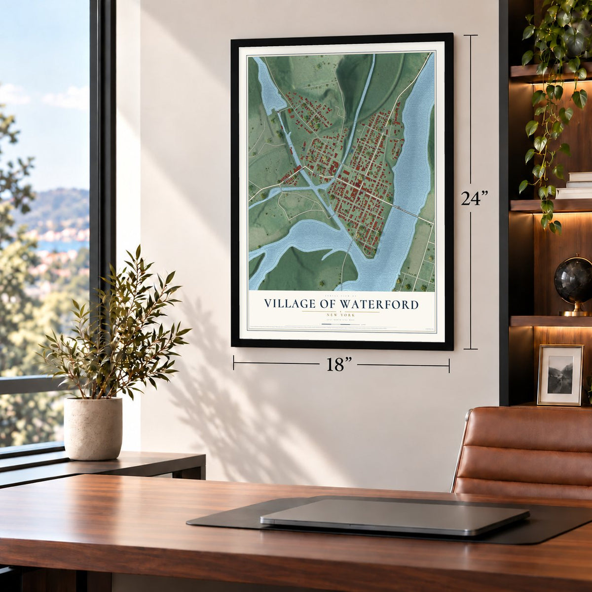 Village of Waterford, New York map, 18 x 24 inch print in a black frame in a home office