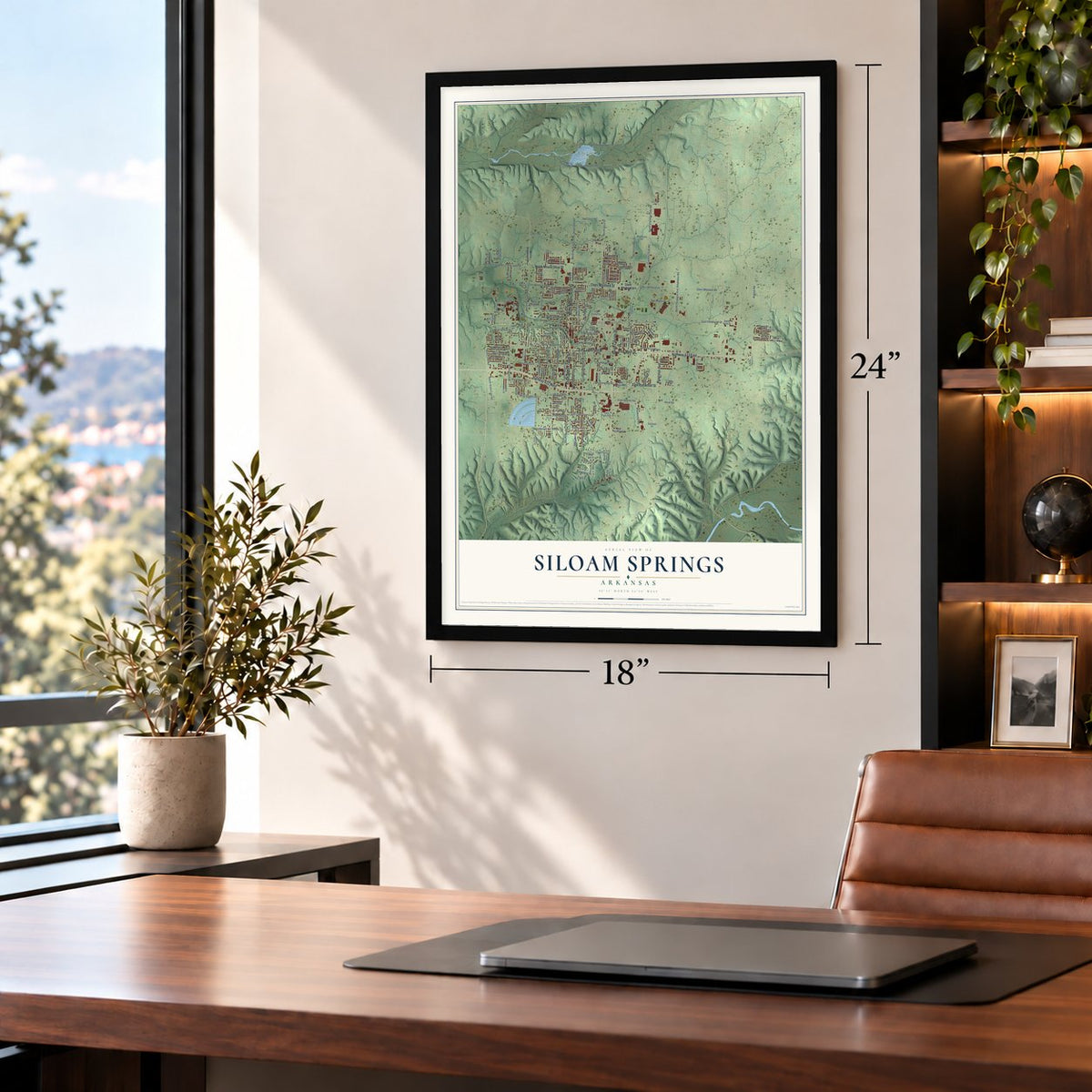 Siloam Springs, Arkansas map, 18 x 24 inch print in a black frame in a home office