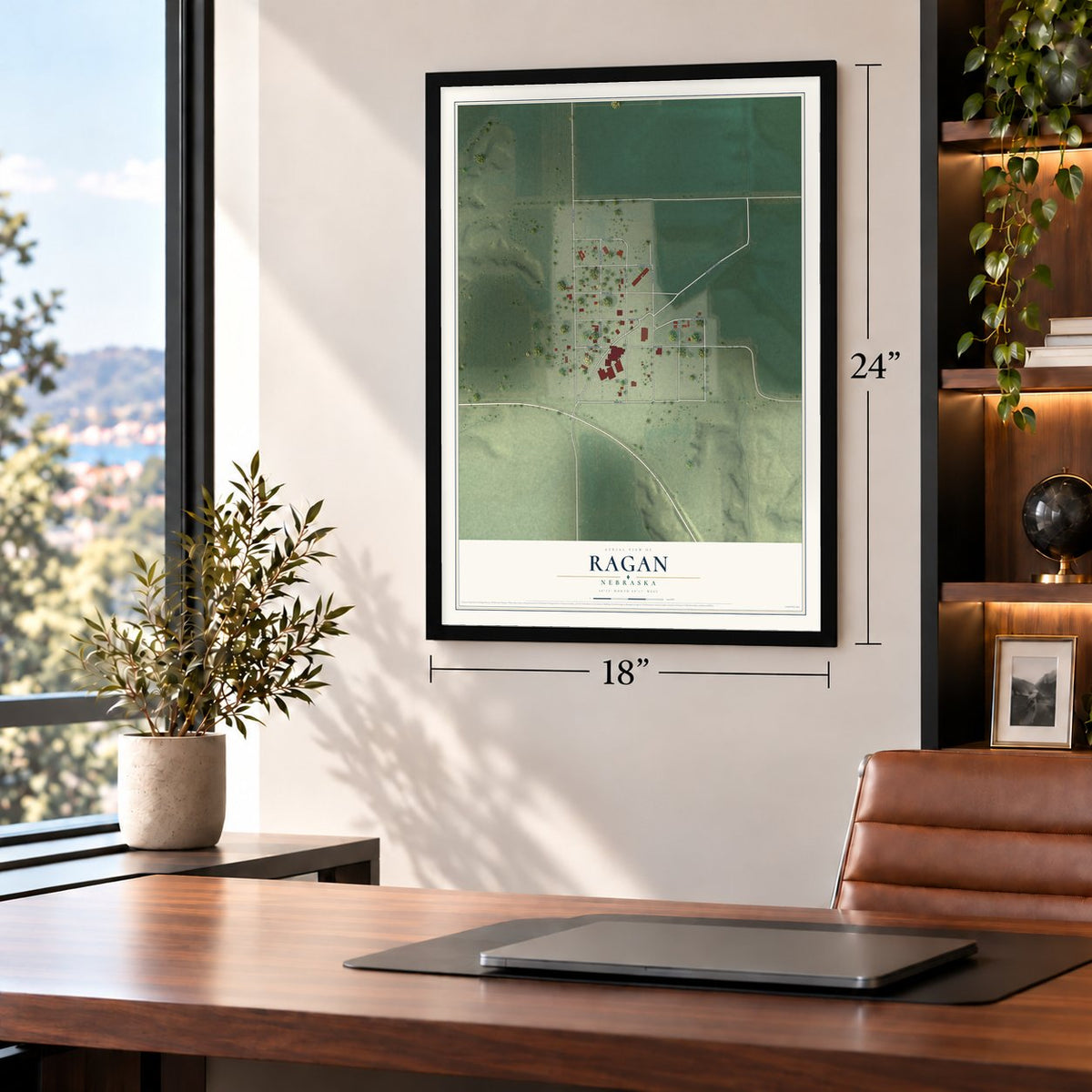 Ragan, Nebraska map, 18 x 24 inch print in a black frame in a home office