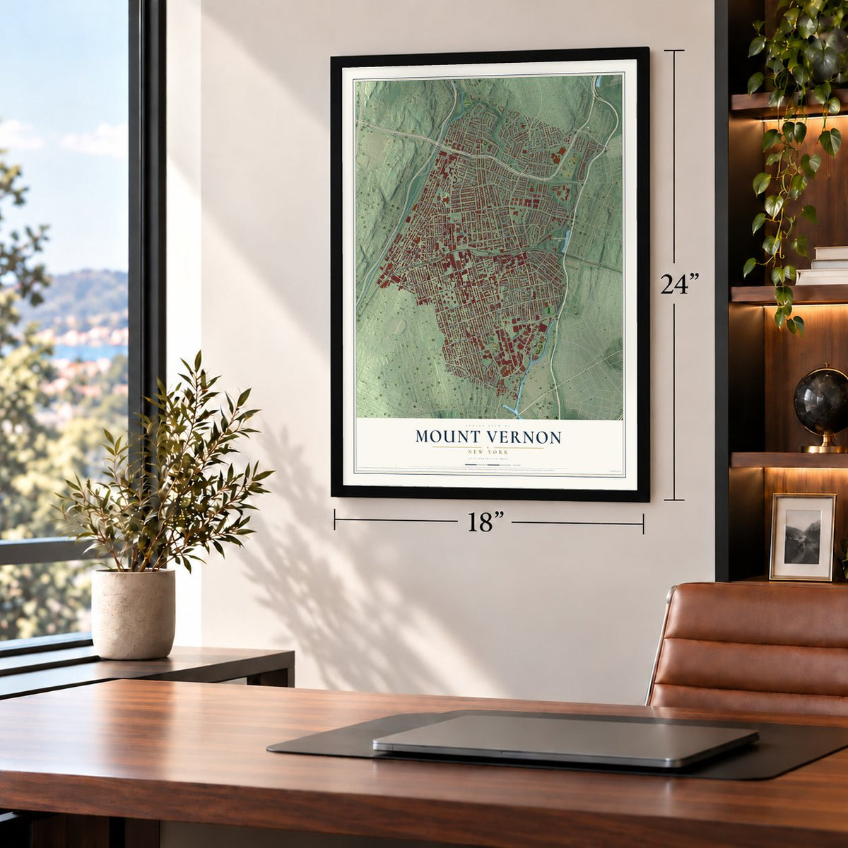 Mount Vernon, New York map, 18 x 24 inch print in a black frame in a home office