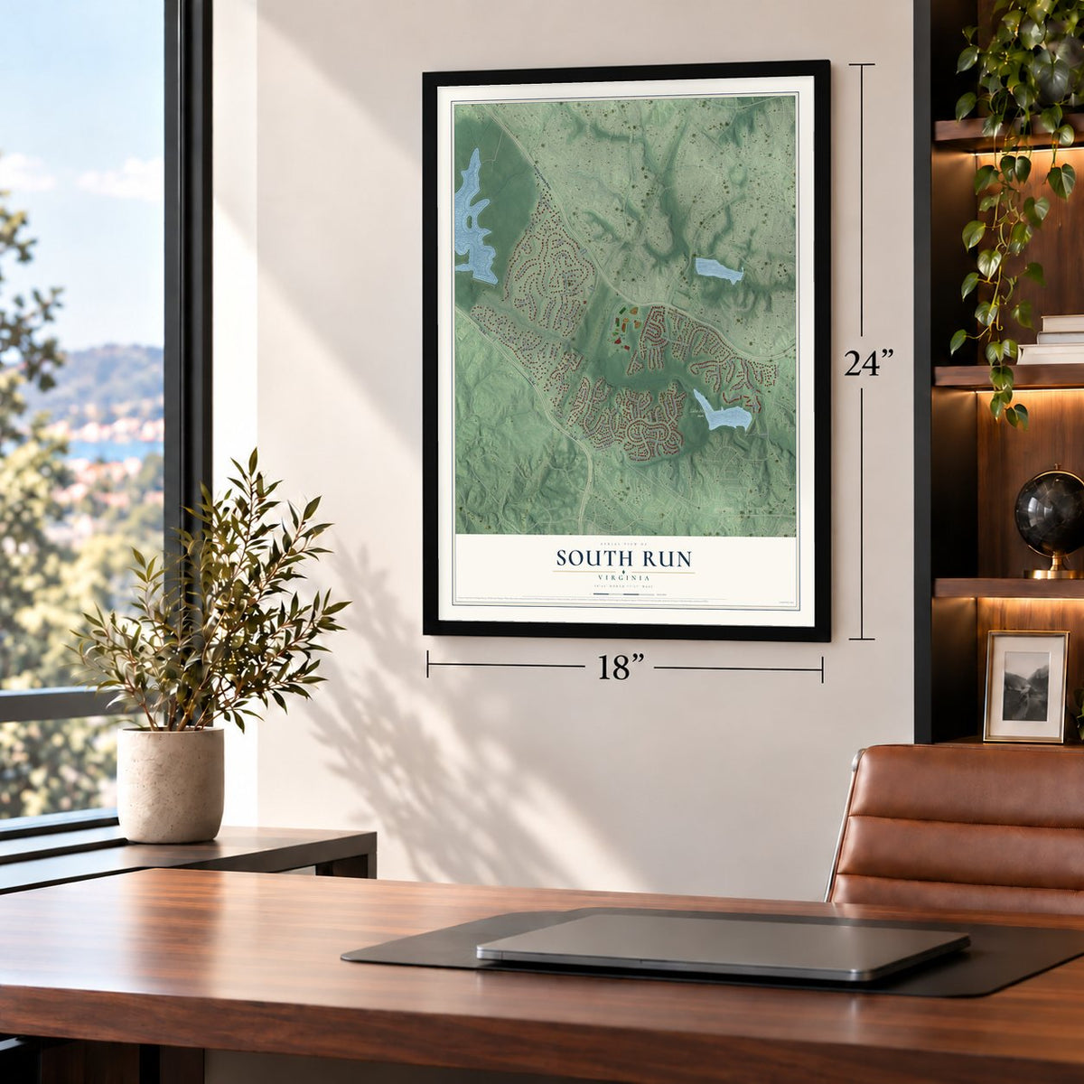 South Run, Virginia map, 18 x 24 inch print in a black frame in a home office