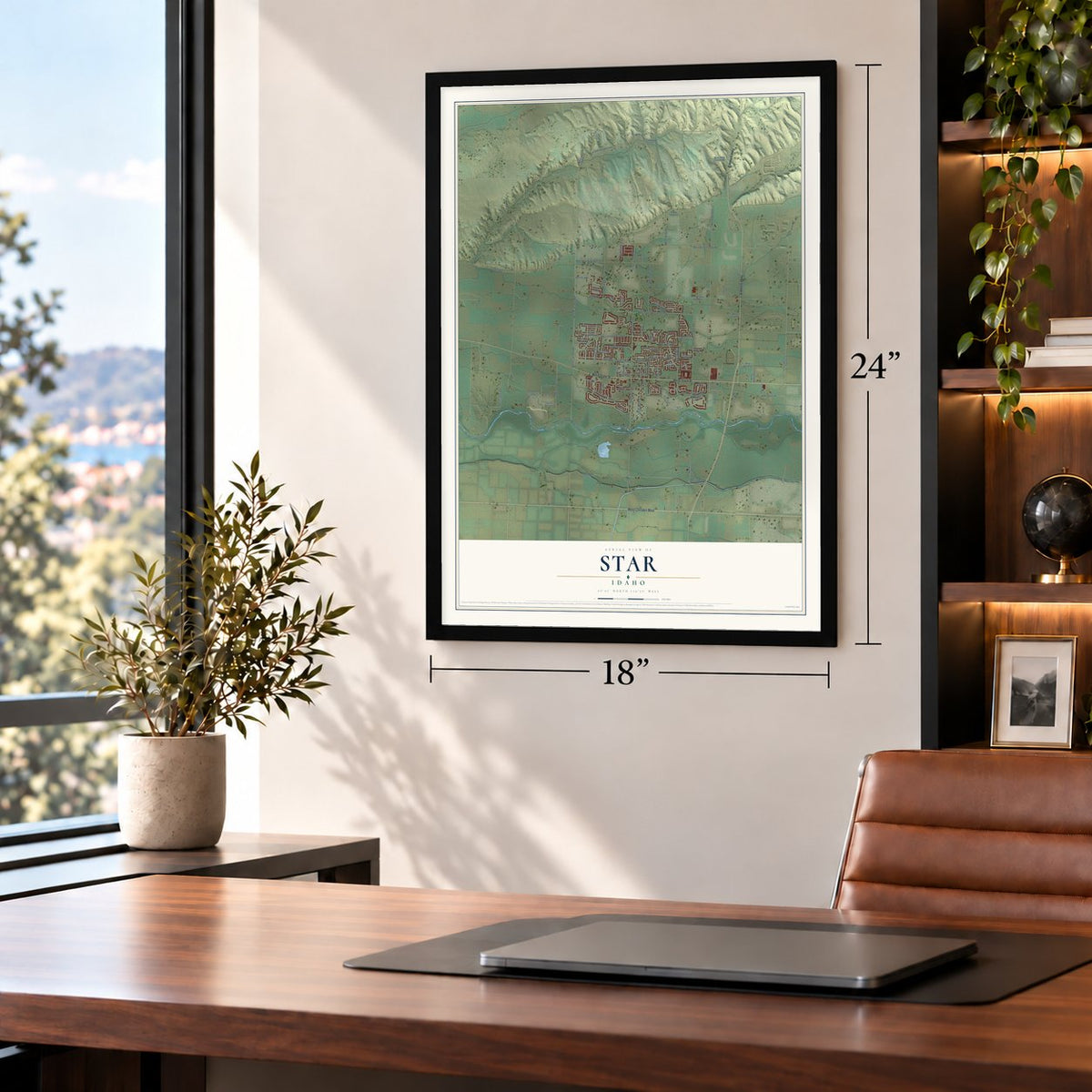 Star, Idaho map, 18 x 24 inch print in a black frame in a home office