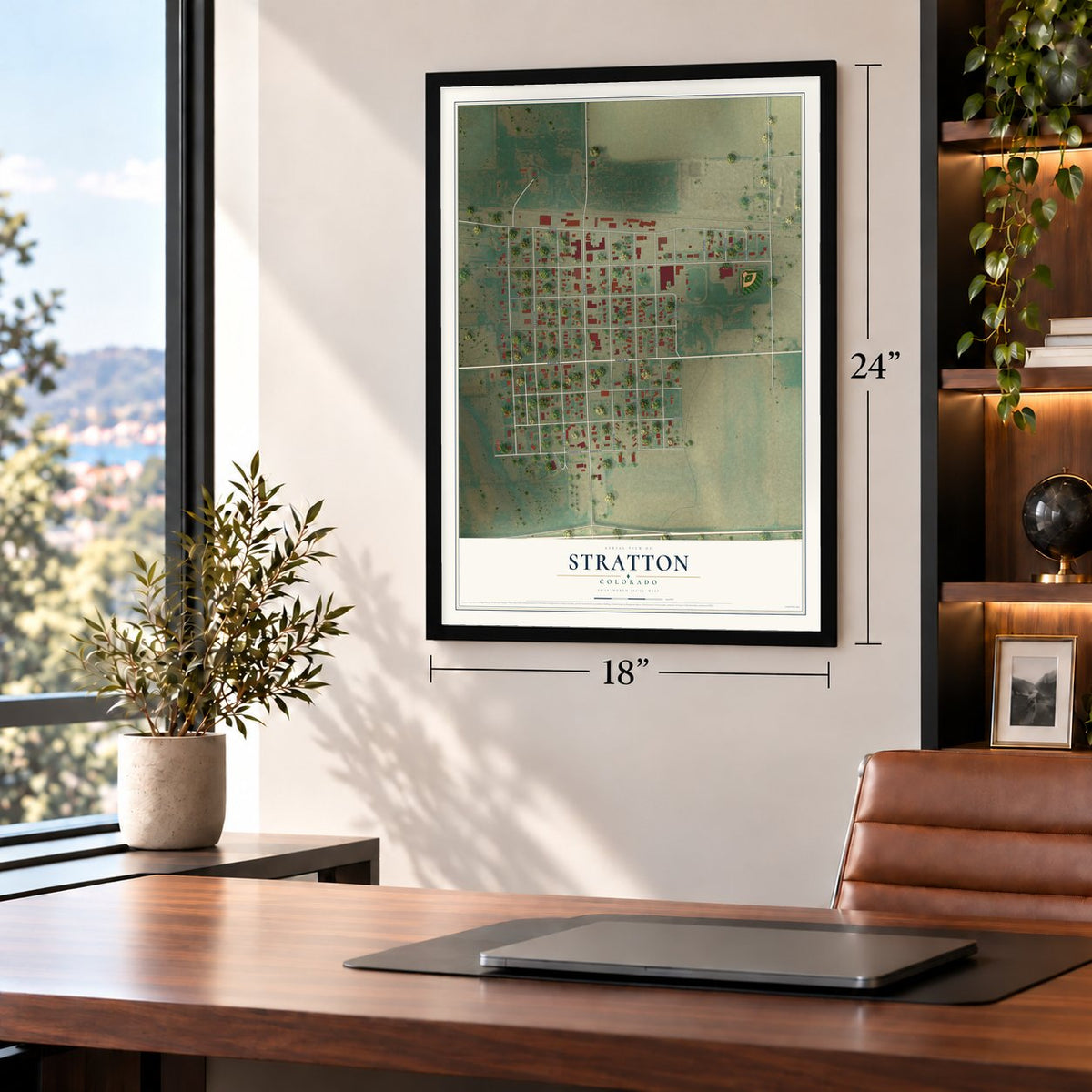 Stratton, Colorado map, 18 x 24 inch print in a black frame in a home office