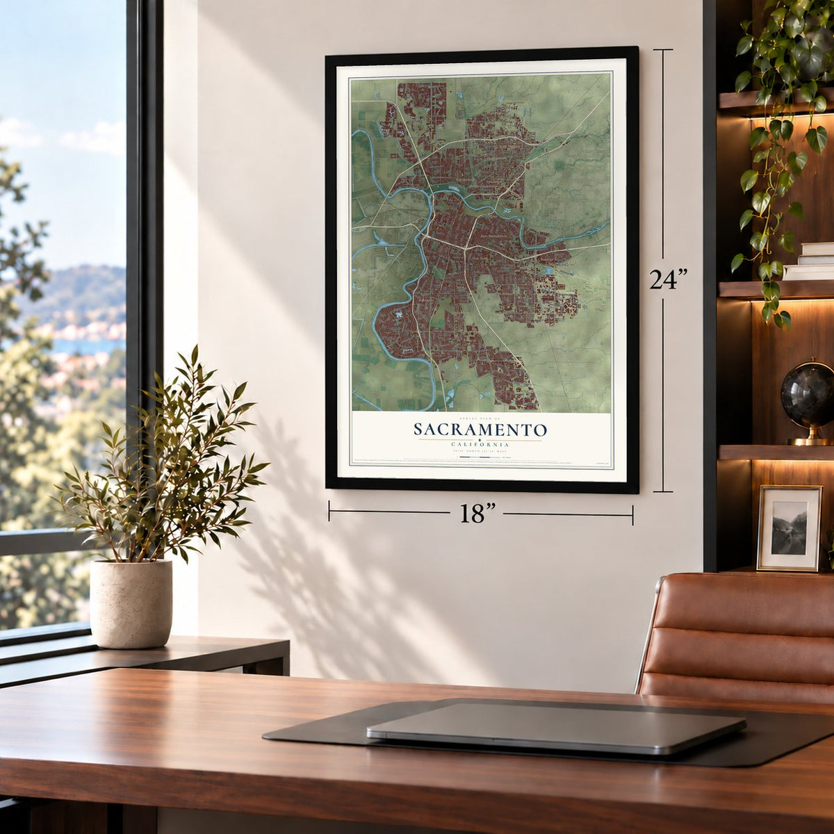 Sacramento, California map, 18 x 24 inch print in a black frame in a home office