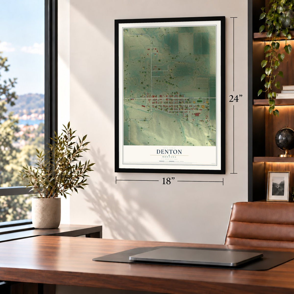 Denton, Montana map, 18 x 24 inch print in a black frame in a home office