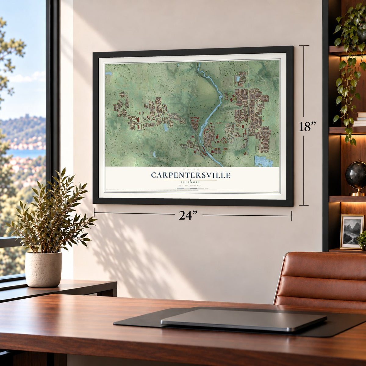 Carpentersville, Illinois map, 18 x 24 inch print in a black frame in a home office